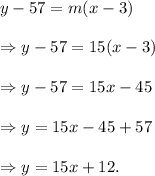 y-57=m(x-3)\\\\\Rightarrow y-57=15(x-3)\\\\\Rightarrow y-57=15x-45\\\\\Rightarrow y=15x-45+57\\\\\Rightarrow y=15x+12.