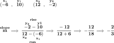 \bf (\stackrel{x_1}{-6}~,~\stackrel{y_1}{10})\qquad (\stackrel{x_2}{12}~,~\stackrel{y_2}{-2}) \\\\\\ \stackrel{slope}{m}\implies \cfrac{\stackrel{rise} {\stackrel{y_2}{-2}-\stackrel{y1}{10}}}{\underset{run} {\underset{x_2}{12}-\underset{x_1}{(-6)}}}\implies \cfrac{-12}{12+6}\implies -\cfrac{12}{18}\implies -\cfrac{2}{3}