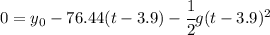 0 = y_0 -76.44(t-3.9)- \cfrac12 g(t-3.9)^2