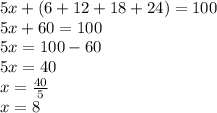 5x + (6 + 12 + 18 + 24) = 100\\5x + 60 = 100\\5x = 100-60\\5x = 40\\x = \frac {40} {5}\\x = 8