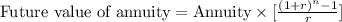 \textup{Future value of annuity}=\textup{Annuity}\times[\frac{(1+r)^{n}-1}{r}]