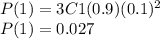 P(1) = 3C1(0.9)(0.1)^2\\P(1) = 0.027