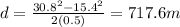d =\frac{ 30.8^2 - 15.4^2}{2(0.5) }= 717.6m