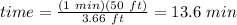 time=\frac{(1\ min)(50\ ft)}{3.66\ ft}=13.6\ min