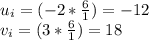 u_{i}=(-2*\frac{6}{1})=-12\\v_{i}=(3*\frac{6}{1})=18