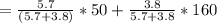 = \frac{5.7}{( 5.7 + 3.8 )}*50 + \frac{3.8}{5.7 + 3.8}*160