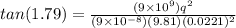 tan(1.79) = \frac{(9\times 10^9)q^2}{(9\times 10^{-8})(9.81)(0.0221)^2}