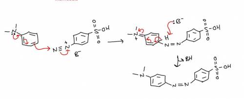 Draw the mechanism of the reaction of n,n-dimethylaniline and the diazonium salt of sulfanilic acid