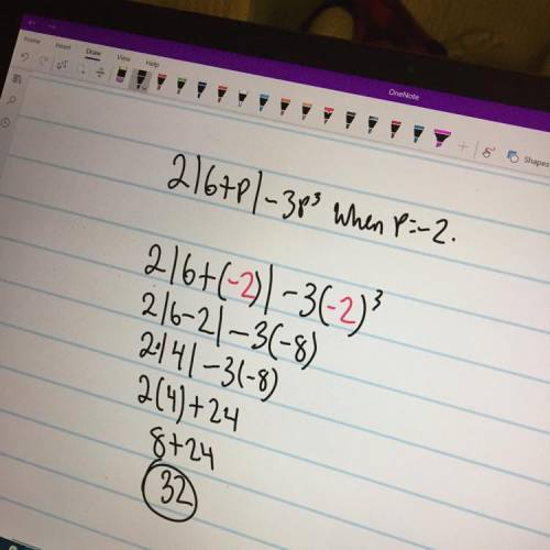 What is the value of 2|6+p|-3p^3 when p = -2 ?  -32 -16 32 56