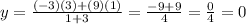 y=\frac{(-3)(3)+(9)(1)}{1+3}=\frac{-9+9}{4}=\frac{0}{4}=0