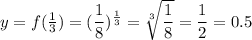 y = f(\frac{1}{3}) = (\dfrac{1}{8})^\frac{1}{3} = \sqrt[3]{\dfrac{1}{8}} = \dfrac{1}{2} = 0.5