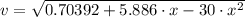 v =\sqrt{ 0.70392+ 5.886 \cdot x - 30 \cdot x^2}