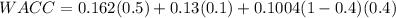 WACC = 0.162(0.5) + 0.13(0.1) + 0.1004(1-0.4)(0.4)