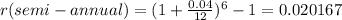 r(semi-annual)=(1+\frac{0.04}{12} )^{6} -1=0.020167