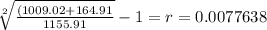 \sqrt[2]{\frac{(1009.02+164.91}{1155.91} }-1=r =0.0077638
