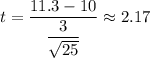 t=\dfrac{11.3-10}{\dfrac{3}{\sqrt{25}}}\approx2.17