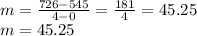 m=\frac{726-545}{4-0}=\frac{181}{4}=45.25\\m=45.25
