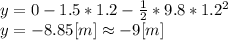 y = 0 - 1.5*1.2-\frac{1}{2}*9.8*1.2^{2} \\y = -8.85 [m] \approx -9 [m]
