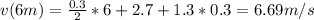 v(6m)=\frac{0.3}{2}*6+2.7+1.3*0.3=6.69m/s\\\\
