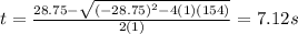 t=\frac{28.75 -\sqrt{(-28.75)^{2}-4(1)(154) } }{2(1)}=7.12s