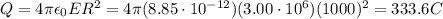 Q=4\pi \epsilon_0 ER^2=4\pi (8.85\cdot 10^{-12})(3.00\cdot 10^6)(1000)^2=333.6 C