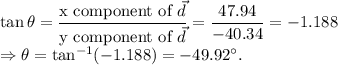 \tan\theta = \dfrac{\text{x component of }\vec d}{\text{y component of }\vec d}=\dfrac{47.94}{-40.34}=-1.188\\\Rightarrow \theta = \tan^{-1}(-1.188)=-49.92^\circ.