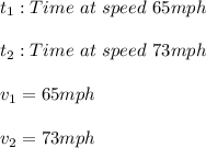 t_{1}:Time \ at \ speed \ 65mph \\ \\ t_{2}:Time \ at \ speed \ 73mph \\ \\ v_{1}=65mph \\ \\ v_{2}=73mph
