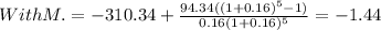 With M.=-310.34+\frac{94.34((1+0.16)^{5} -1)}{0.16(1+0.16)^{5} } =-1.44