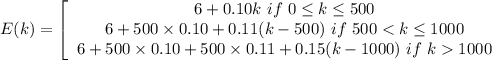 E(k)= \left[ \begin{array}{c} {6+0.10k\,\,if\,\,0\leq k \leq500} & 6+500\times0.10+0.11(k-500)\,\,if\,\,5001000\end{array}