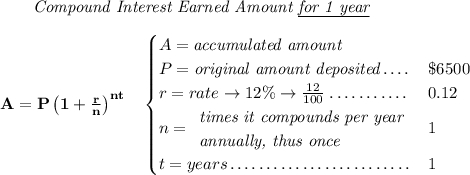\bf ~~~~~~ \textit{Compound Interest Earned Amount \underline{for 1 year}} \\\\ A=P\left(1+\frac{r}{n}\right)^{nt} \quad \begin{cases} A=\textit{accumulated amount}\\ P=\textit{original amount deposited}\dotfill &\$6500\\ r=rate\to 12\%\to \frac{12}{100}\dotfill &0.12\\ n= \begin{array}{llll} \textit{times it compounds per year}\\ \textit{annually, thus once} \end{array}\dotfill &1\\ t=years\dotfill &1 \end{cases}
