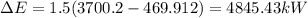 \Delta E = 1.5(3700.2 - 469.912) = 4845.43 kW