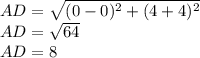 AD=\sqrt{(0-0)^2+(4+4)^2}\\AD=\sqrt{64} \\AD=8