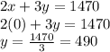 2x+3y=1470\\2(0)+3y=1470\\y=\frac{1470}{3}=490