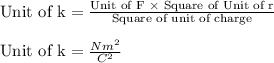 \text{Unit of k}=\frac{\text{Unit of F } \times \text{ Square of Unit of r}}{\text{Square of unit of charge}} \\\\ \text{Unit of k}= \frac{Nm^{2}}{C^{2}}