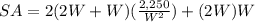 SA=2(2W+W)(\frac{2,250}{W^{2}})+(2W)W