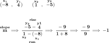 \bf (\stackrel{x_1}{-8}~,~\stackrel{y_1}{4})\qquad (\stackrel{x_2}{1}~,~\stackrel{y_2}{-5}) \\\\\\ \stackrel{slope}{m}\implies \cfrac{\stackrel{rise} {\stackrel{y_2}{-5}-\stackrel{y1}{4}}}{\underset{run} {\underset{x_2}{1}-\underset{x_1}{(-8)}}}\implies \cfrac{-9}{1+8}\implies \cfrac{-9}{9}\implies -1