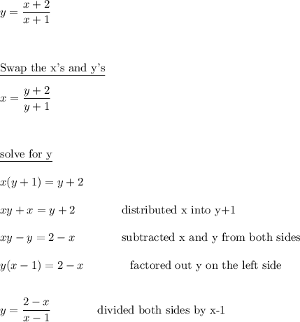 y=\dfrac{x+2}{x+1}\\\\\\\\\underline{\text{Swap the x's and y's}}\\\\x=\dfrac{y+2}{y+1}\\\\\\\\\underline{\text{solve for y}}\\\\x(y+1)=y+2\\\\xy+x=y+2\qquad \qquad \text{distributed x into y+1}\\\\xy-y=2-x\qquad \qquad \text{subtracted x and y from both sides}\\\\y(x-1)=2-x\qquad \qquad \text{factored out y on the left side}\\\\\\y=\dfrac{2-x}{x-1}}\qquad \qquad \text{divided both sides by x-1}