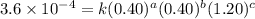 3.6\times 10^{-4}=k(0.40)^a(0.40)^b(1.20)^c