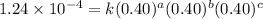 1.24\times 10^{-4}=k(0.40)^a(0.40)^b(0.40)^c