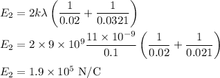 E_2=2k\lambda \left (\dfrac{1}{0.02}+\dfrac{1}{0.0321} \right)\\\\E_2=2\times 9\times10^9 \dfrac{11\times10^{-9}}{0.1} \left (\dfrac{1}{0.02}+\dfrac{1}{0.021} \right)\\\\E_2=1.9\times10^5\ \rm N/C