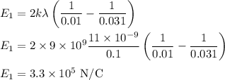 E_1=2k\lambda \left (\dfrac{1}{0.01}-\dfrac{1}{0.031} \right)\\\\E_1=2\times 9\times10^9 \dfrac{11\times10^{-9}}{0.1} \left (\dfrac{1}{0.01}-\dfrac{1}{0.031} \right)\\\\E_1=3.3\times10^5\ \rm N/C