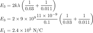 E_3=2k\lambda \left (\dfrac{1}{0.03}+\dfrac{1}{0.011} \right)\\\\E_3=2\times 9\times10^9 \dfrac{11\times10^{-9}}{0.1} \left (\dfrac{1}{0.03}+\dfrac{1}{0.011} \right)\\\\E_1=2.4\times10^5\ \rm N/C