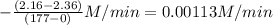 -\frac{(2.16-2.36)}{(177-0)}M/min=0.00113M/min