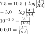 7.5=10.5+log\frac{[A^{-} ]}{[HA]}\\-3.0=log\frac{[A^{-} ]}{[HA]}\\10^{-3.0}=\frac{[A^{-} ]}{[HA]}\\0.001=\frac{[A^{-} ]}{[HA]}