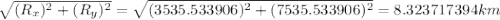 \sqrt{(R_x)^{2}+(R_y)^{2}  }=\sqrt{(3535.533906)^{2}+(7535.533906)^{2}  }  =8.323717394km