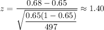 z=\dfrac{0.68-0.65}{\sqrt{\dfrac{0.65(1-0.65)}{497}}}\approx1.40