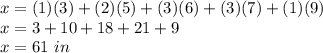 x=(1)(3)+ (2)(5)+(3)(6)+(3)(7)+(1)(9)\\x=3+10+18+21+9\\x=61\ in