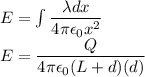 E=\int\dfrac{\lambda dx}{4\pi \epsilon_0x^2}\\E=\dfrac{Q}{4\pi \epsilon_0 (L+d)(d)}