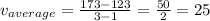 v_{average}=\frac{173-123}{3-1}=\frac{50}{2}=25