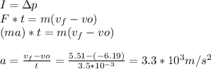 I=\Delta p\\ F*t=m(v_{f}-v{o})\\ (ma)*t=m(v_{f}-v{o})\\\\ a=\frac{ v_{f}-v{o}}{t}=\frac{ 5.51- (-6.19)}{3.5*10^{-3}}=3.3*10^{3}m/s^{2}